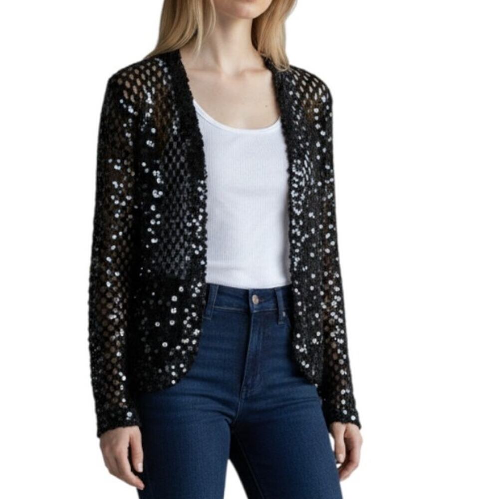 Vintage Disco TOPPETTES  A. Brod Black Sequin Knit Cardigan Sweater Top Shirt M